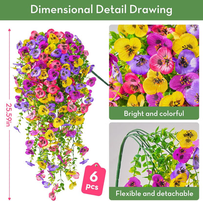 Serwalin Artificial Fake Hanging Flowers for Outdoors Planters, 6 Pcs UV Resistant Faux Pansy Spring Flowers for Outside Porch Patio Garden Window Box (Mixed Colors)