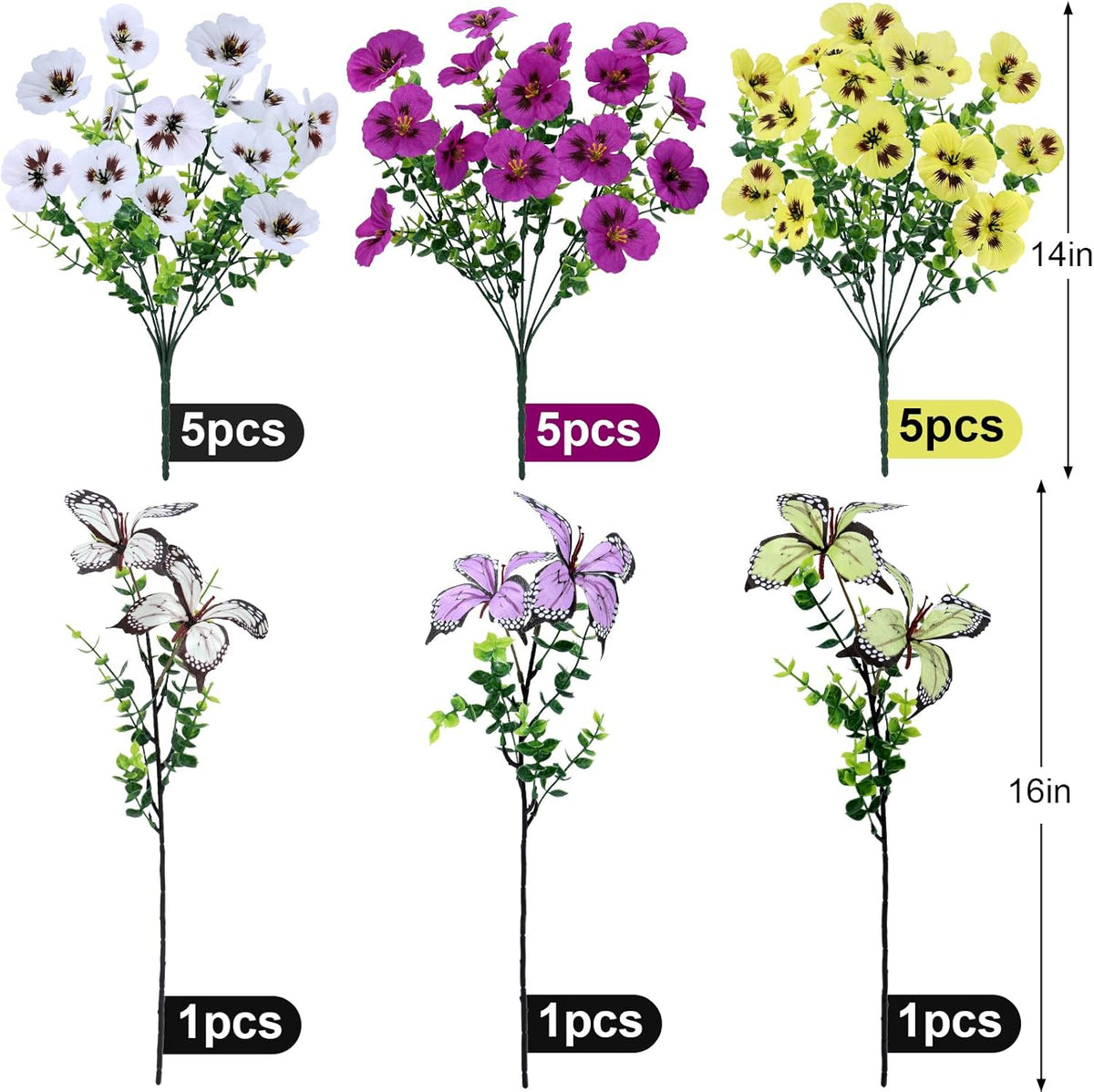 Artificial Flowers for Outdoor, 18 Bundles UV Resistant Faux Silk Pansy Flowers with Butterfly Accents, Realistic Fake Plants for Planters, Window Boxes & Grave Decor, 15 Bundles + 3 Butterflies