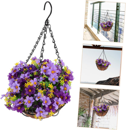 Outdoor Hanging Basket Purple Artificial Flowers Faux Plant in Pot Iron Hanging Flower Garland for Porch