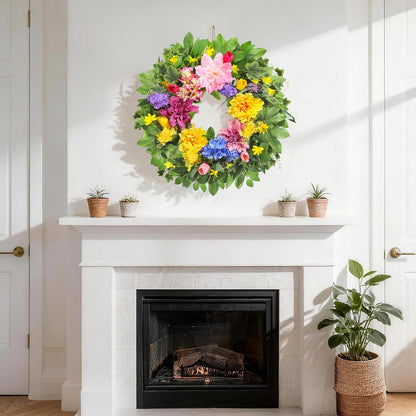 Spring Wreaths for Front Door, 24 Inch Greenery Front Door Wreath with Peonies Dahlias Hydrangeas, Artificial Home Decorations for Indoor Outdoor Window Wall, Outside Floral Wreath Decor for Home Porch
