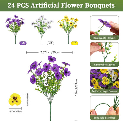 Alupssuc 24 Bundles Artificial Flowers for Outdoors, Fake Spring Flowers for Decoration, UV Resistant Realistic Pansies with Eucalyptus Silk Faux Flowers for Porch Patio Yard, Purple Yellow White