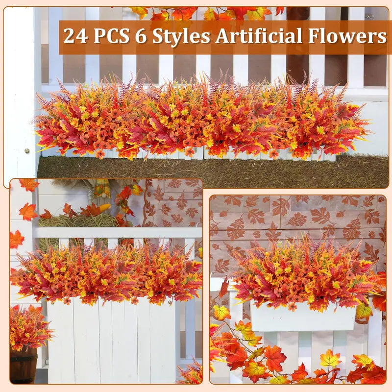 24-Bundle 6-Style Artificial Faux Plants Decorative Fall Flowers, UV-Resistant Orange Mums and Maple Leaves