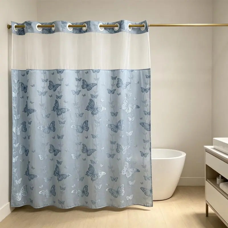 Hook-Free Double-Layer Butterfly Flocked Shower Curtain with Mesh Top Window, 71 x 74 in