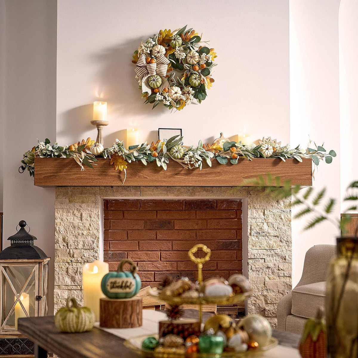 20'' Fall Wreath for Front Door with 20 LED Lights, Pumpkins and Burlap Bow