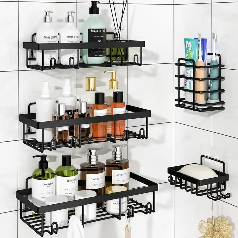 5-Pack Modern Matte Black Self-Adhesive Shower Caddy Set - No-Drill Stainless Steel Storage