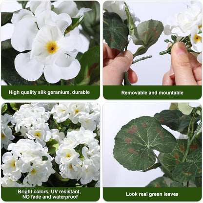 Artificial Geranium Fake Flowers for Outdoors Decoration, 6 Bundles Silk Geraniums White Flower UV Resistant Look Real Faux Plants for Front Door Garden Porch Planter Patio Balcony Yard Indoor Home
