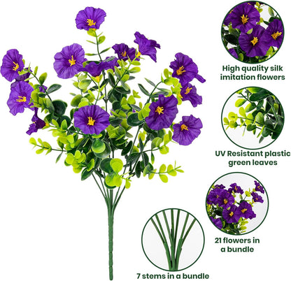 Artificial Faux Flowers for Outdoor 16 Bundles Boxwood Fake Morning Glory for Planter, UV Resistant Fake Flowers for Home Porch Patio Outside（8 Color）