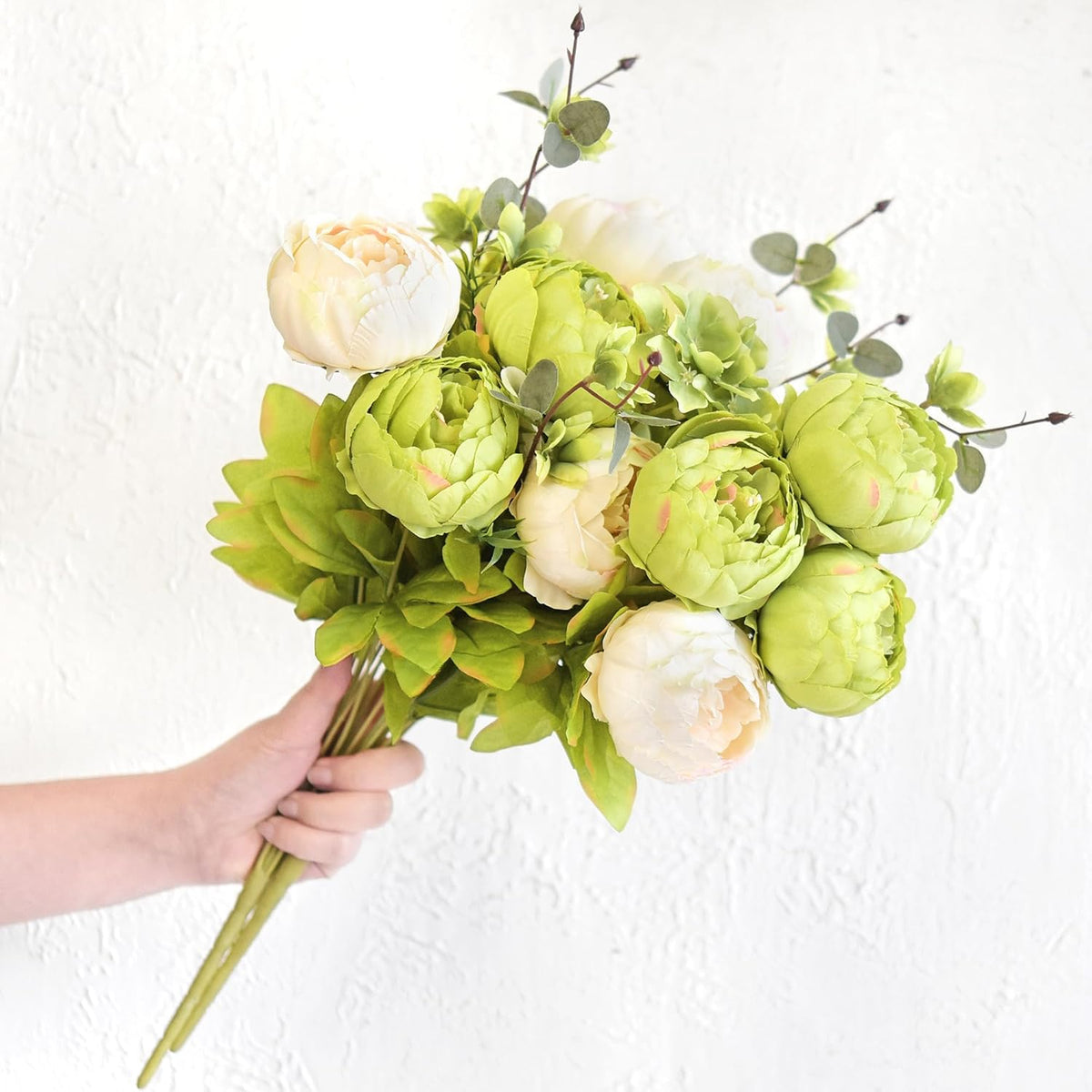 FiveSeasonStuff Artificial Peony Bouquets, 2 Cream Beige & Moss Green Silk Flower Bundles for Wedding Centerpieces & Home Decor – Vintage Peonies