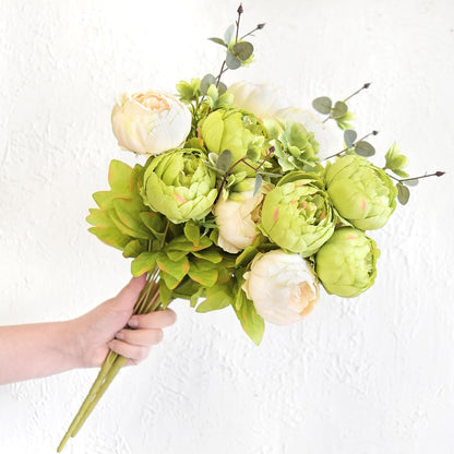 FiveSeasonStuff Artificial Peony Bouquets, 2 Cream Beige & Moss Green Silk Flower Bundles for Wedding Centerpieces & Home Decor – Vintage Peonies