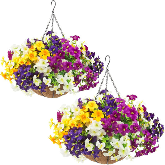 2 Set Artificial Outdoor Flowers with Hanging Baskets, 24 Pcs UV Resistant Faux Petunia Flowers with Hanging Planter for Front Door Porch Spring Outside Decor (2, White, Yellow, Purple, RedViolet)