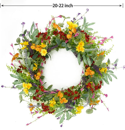 AMF0RESJ Artificial Spring Summer Wreath for Front Door Yellow Daisy Wreath with Olive Leaf, Eucalyptus Leaves for Front Door Indoor Outdoor Wall Porch Farmhouse Home Decor