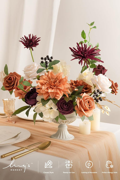 Ling's moment Fake Flowers Box, Faux Artificial Greenery Stems Foam Roses Berry Silk Dahlia Hydrangea Fabic Flower for Centerpieces Bouquet Wedding Floral Vase, Terracotta & Burgundy, Deluxe Combo