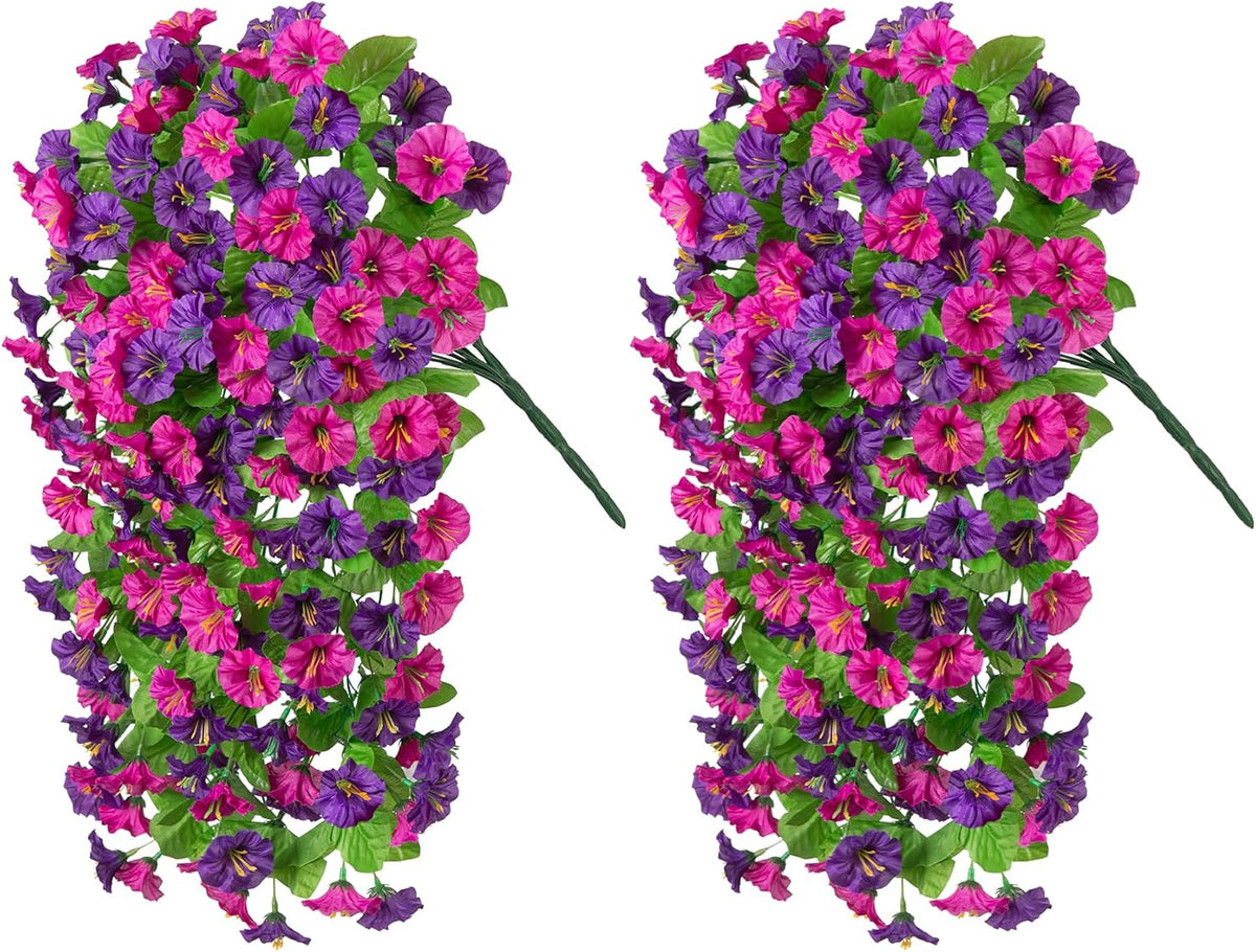 Artificial Fake Hanging Flowers Plants for Outdoor Decoration, 2PCS Faux Silk Morning Glory Long Vines Stems UV Resistant Look Real for Spring Summer Outside Home Porch Patio(Violet Red Purple)