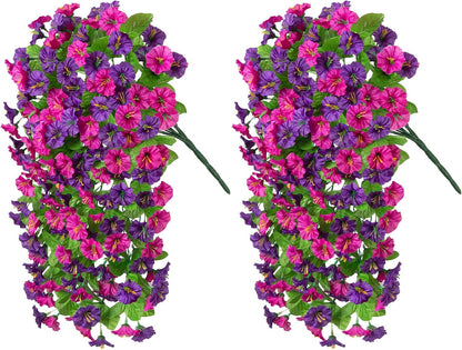 Artificial Fake Hanging Flowers Plants for Outdoor Decoration, 2PCS Faux Silk Morning Glory Long Vines Stems UV Resistant Look Real for Spring Summer Outside Home Porch Patio(Violet Red Purple)