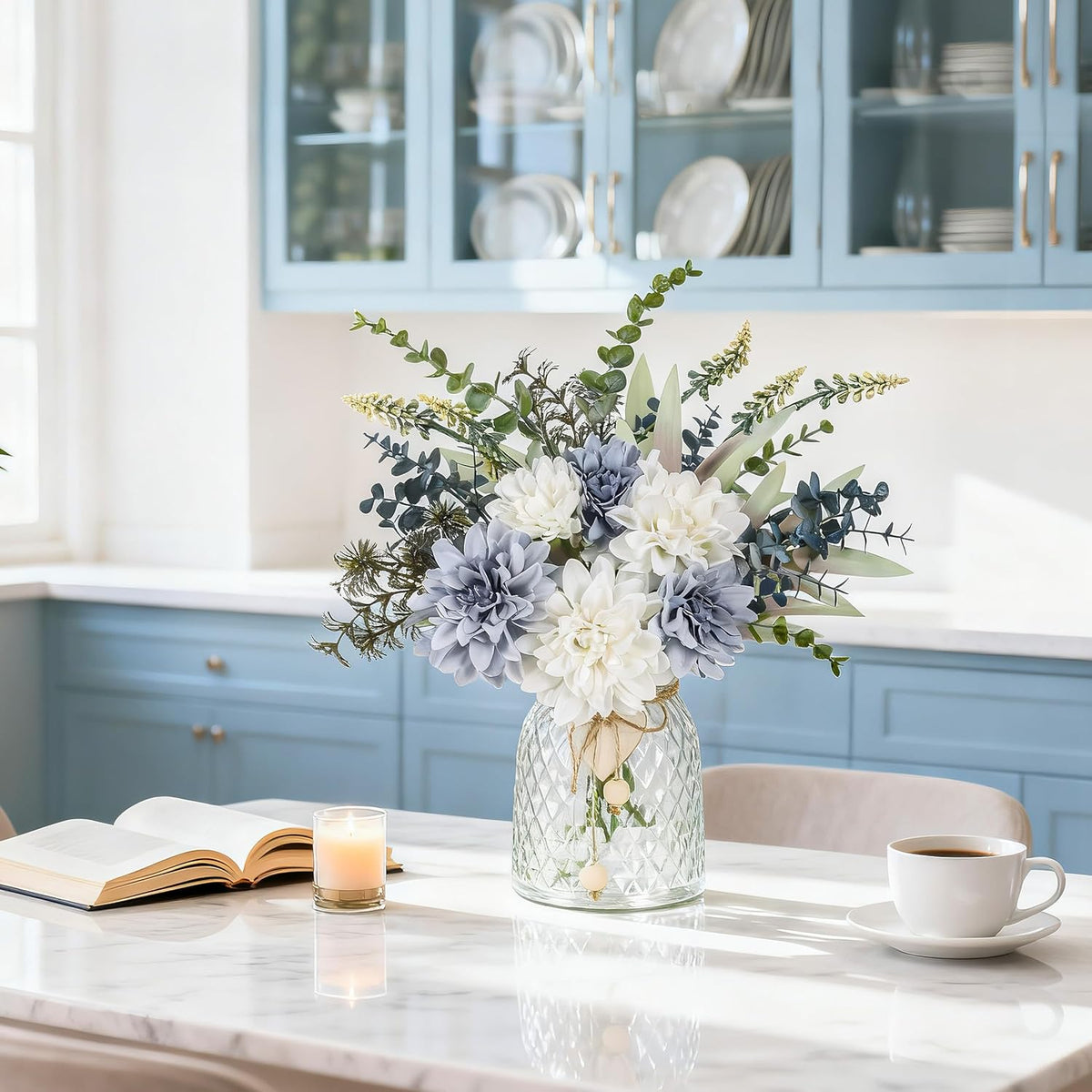 Der Rose Fake Flowers in Vase Silk Artificial Navy Blue Flowers Arrangements with Glass Vase for Dinning Coffee Table Centerpieces Home Kitchen Farmhouse Wedding Decor