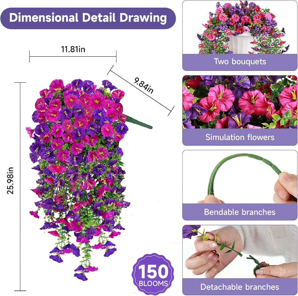 Artificial Hanging Flowers for Outdoors, 2 PCS 300 Blooms UV Resistant Morning Glory Faux Silk Vines, No-Odor Realistic Fake Plants for Garden Planter Porch Patio Decoration, Fuchsia & LightPurple
