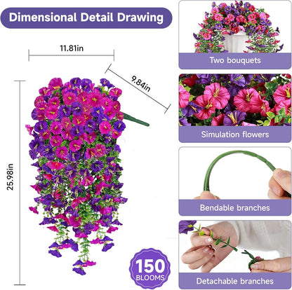 Artificial Hanging Flowers for Outdoors, 2 PCS 300 Blooms UV Resistant Morning Glory Faux Silk Vines, No-Odor Realistic Fake Plants for Garden Planter Porch Patio Decoration, Fuchsia & LightPurple