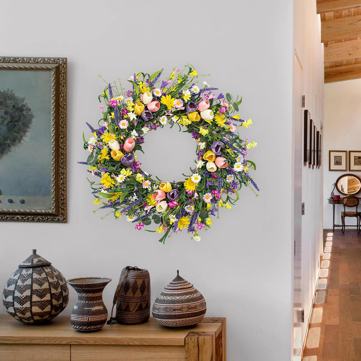 Spring Wreath 22 inch Indoor Summer Wreaths Artificial Spring Wreaths for Front Door, Tulip Wreath with Daisy and Lavender for Home Holiday Decor