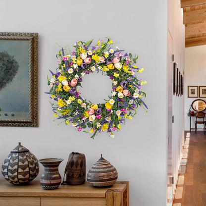 Spring Wreath 22 inch Indoor Summer Wreaths Artificial Spring Wreaths for Front Door, Tulip Wreath with Daisy and Lavender for Home Holiday Decor