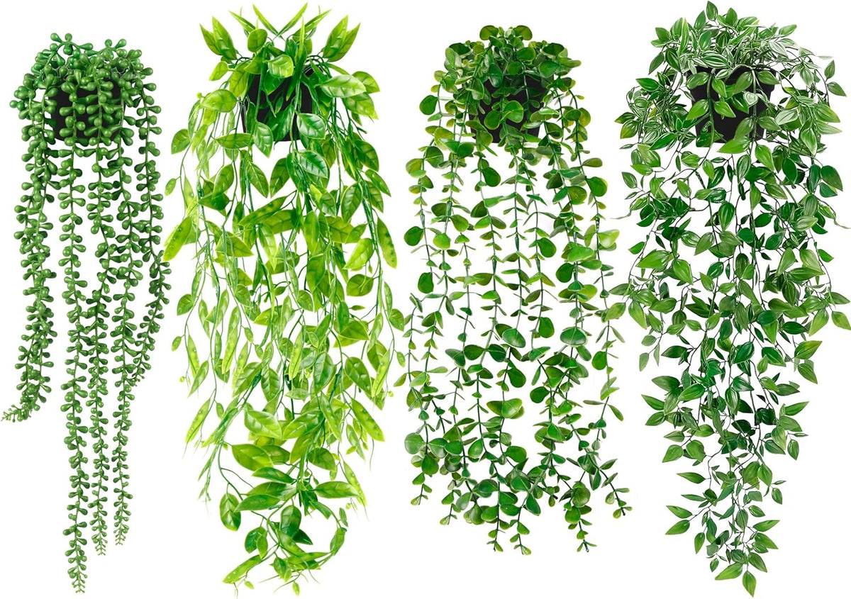 Palonu 4 Pack Faux Artificial Hanging Plants, Fake Potted Greenery with Eucalyptus Vine, Mandala, Pea Pod Leaves & String of Pearls in Pots for Office, Living Room, Bathroom, Indoor & Outdoor Décor