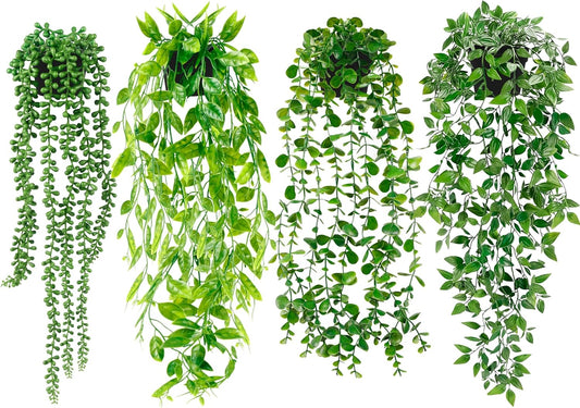 Palonu 4 Pack Faux Artificial Hanging Plants, Fake Potted Greenery with Eucalyptus Vine, Mandala, Pea Pod Leaves & String of Pearls in Pots for Office, Living Room, Bathroom, Indoor & Outdoor Décor