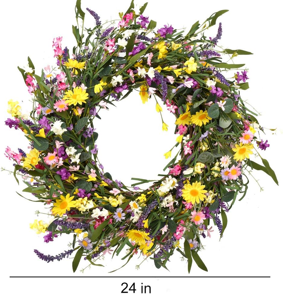 J'FLORU Spring Wreath 24 Inch Summer Wreaths for Front Door Artificial Flower Wreath with Daisy and Lavender for Indoor Outdoor and Easter Celebration