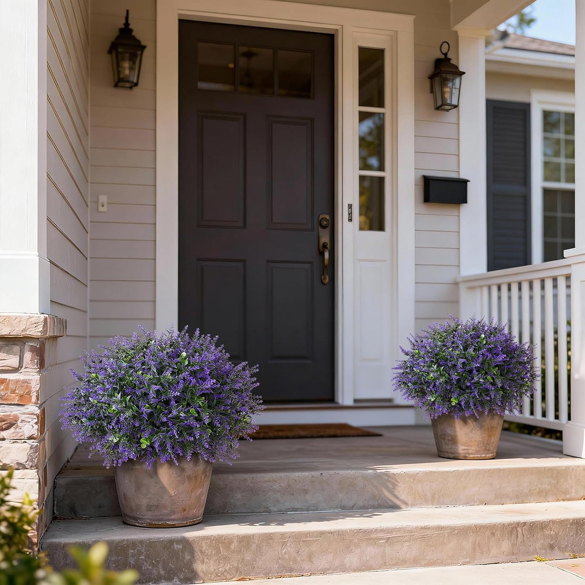 Set of 2 Artificial Eucalyptus Leaf & Lavender Topiary Trees for Front Door - UV Protection Faux Topiary Trees Fake Greenery Plant with Black Flowerpot for Farmhouse, Home, Outdoor Decor