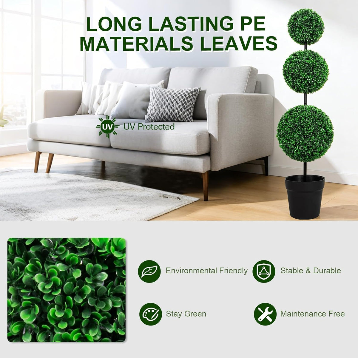 3FT UV-Resistant Artificial Triple Ball Boxwood Topiary Set of 2, All-Weather Outdoor & Indoor Decor for Garden, Porch, Entryway