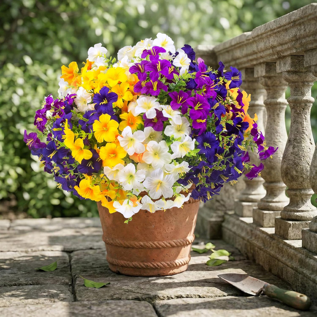 16 Pcs Faux Petunias Artificial Flowers For Outdoors, UV Resistant Fake Petunias Plants Realistic Silk Flowers for Porch Front Door Garden Window Outside Decor (16, White, Yellow, Purple, RedViolet)