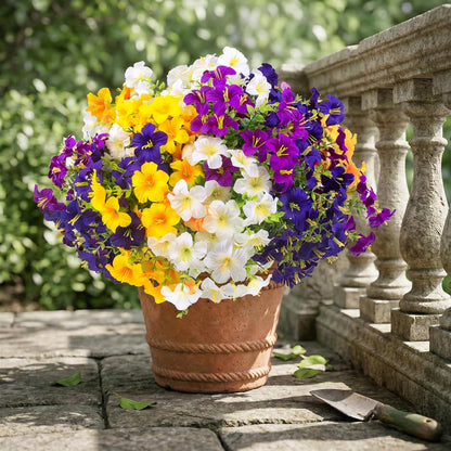 16 Pcs Faux Petunias Artificial Flowers For Outdoors, UV Resistant Fake Petunias Plants Realistic Silk Flowers for Porch Front Door Garden Window Outside Decor (16, White, Yellow, Purple, RedViolet)