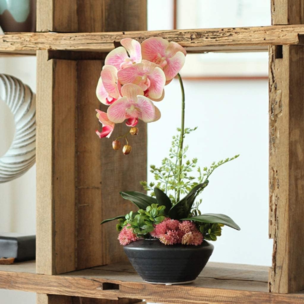 Artificial Flower Waterproof Faux Orchids Plastic Leaves Artificial Phalaenopsis Flowers with Porcelain Vase Artificial Flowers Decoration Beautiful Shape,