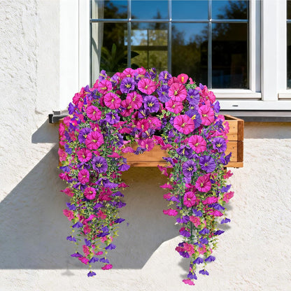 Artificial Hanging Flowers for Outdoors, 2 PCS 300 Blooms UV Resistant Morning Glory Faux Silk Vines, No-Odor Realistic Fake Plants for Garden Planter Porch Patio Decoration, Fuchsia & LightPurple