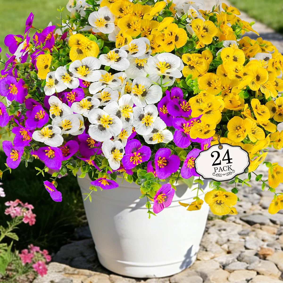 Alotiki Artificial Pansies for Outdoors, 24 Bundles Faux Silk Pansies Flowers UV Resistant Silk, Artificial Flowers for Porch Yard Garden Home Indoor Decor (Purple, White, Yellow)