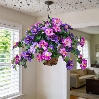 INXUGAO Artificial Flowers for Outdoors Indoors, 3 Bunches Fake Hibiscus with Hanging Basket Realistic UV Resistant Silk Flower Leaves, Faux Plant for Outside Home Patio Garden Poch (Purple, Fuchsia)