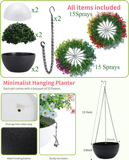 2 Sets Artificial Hanging Plants Flowers with Basket for Outdoors, 30 Bundles UV Resistant Fake Plants Spring Summer Decoration Faux Silk Eucalyptus Garden Patio Yard Front Porch Balcony Arrangement