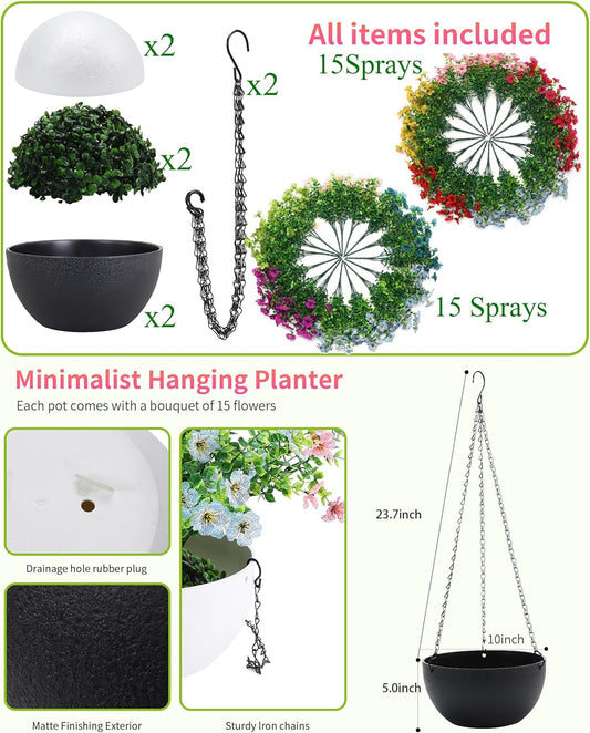 2 Sets Artificial Hanging Plants Flowers with Basket for Outdoors, 30 Bundles UV Resistant Fake Plants Spring Summer Decoration Faux Silk Eucalyptus Garden Patio Yard Front Porch Balcony Arrangement