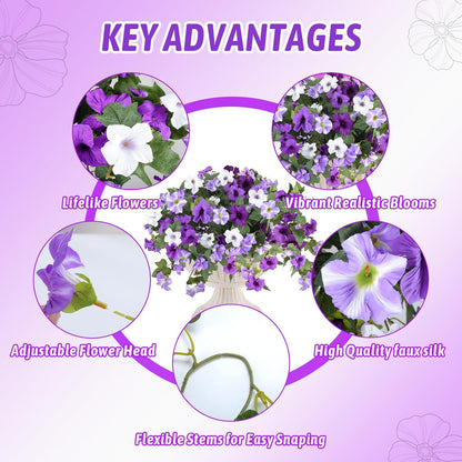 Artificial Fake Flowers for Outdoor Plants Decoration, 4 Pcs Faux Petunia Flowers Plants UV Resistant Silk for Porch Yard Garden Home Indoor Decor (Purple White)