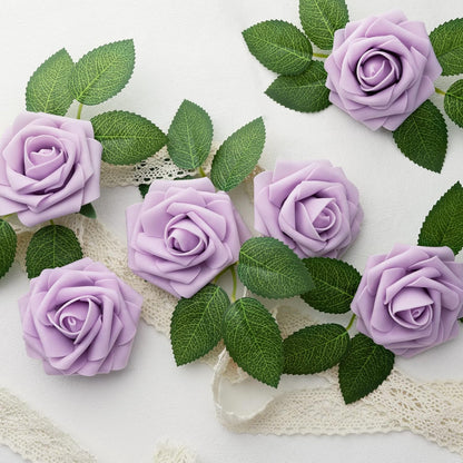 Mocoosy 50Pcs Rose Artificial Flowers, Lavender Fake Roses for Decorations, Purple Foam Fake Flowers with Stem for DIY Wedding Bouquet Bridal Shower Mother's Day Floral Arrangement Party Home Decor