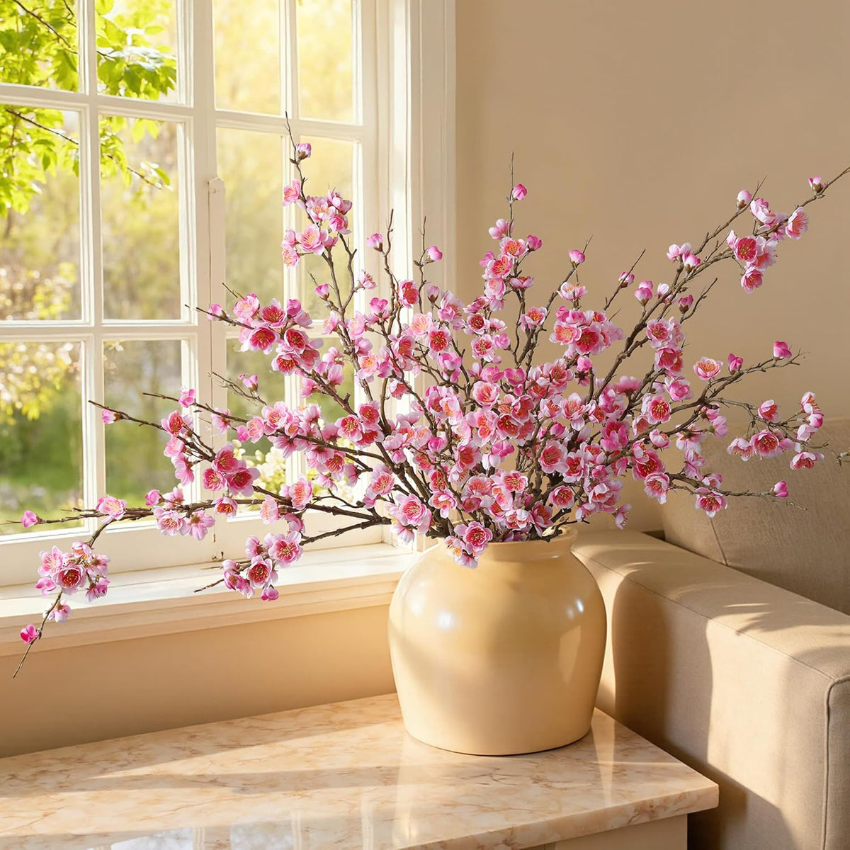 6 PCS Artificial Cherry Blossom Branches Spring Indoor Decoration, Faux Flowers 34.45" Long Stems Plum Fake Peach Plants Real Touch Silk for Wedding Home Bedroom Party Table Office, Pink