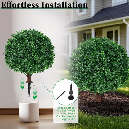 Artificial Boxwood Topiary Ball Trees, 2 Set of 16" UV Resistant Fake Evergreen Shrubs Bushes Plants with Ground Spike, Fake Plants for Outdoor Indoor Front Porch Garden