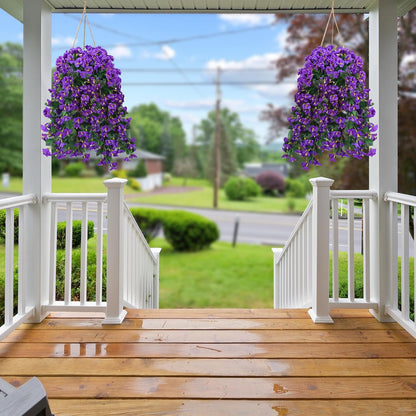 Artificial Fake Hanging Flowers Plants for Outdoor Outside Spring Summer Decoration 2PCS Faux Silk UV Resistant Realistic Morning Glory Trailing Vines for Home Porch Patio Balcony(Purple)