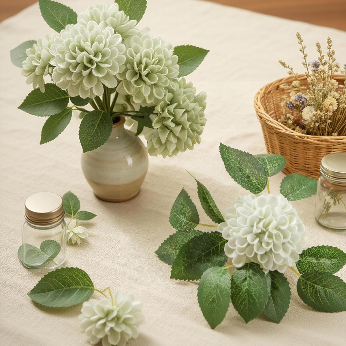 Artificial Flowers, 25 Pcs Realistic Artificial Rose for DIY Wedding Bouquets Centerpieces Arrangements, Sage Green Dahlia Flowers with Stem for Bridal Shower Party Home Decorations