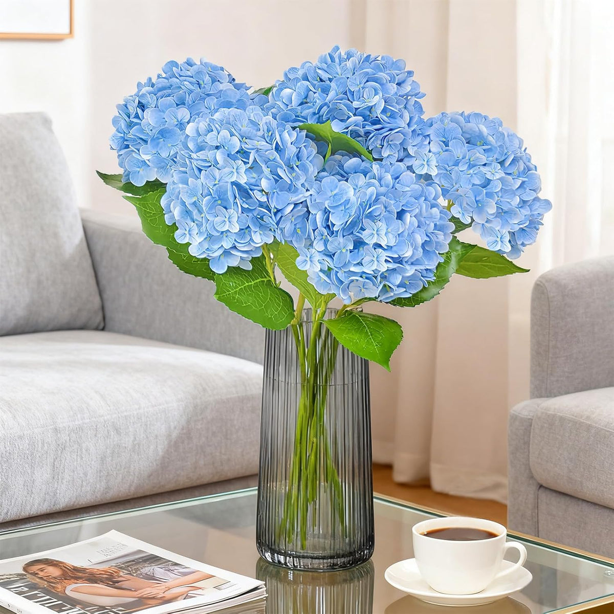 Real Touch Blue Hydrangea Artificial Flowers with Stems, Fake Silk Flowers for Outdoors, 3 Pcs Artificial Flowers for Home Decor Wedding Bouquets Centerpieces Vase