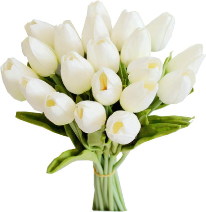 Mandy's Artificial Tulips 20 Stems White PU Faux Flowers for Valentine's Day and Easter Decorations Wedding Home Decor 13.5 Inch