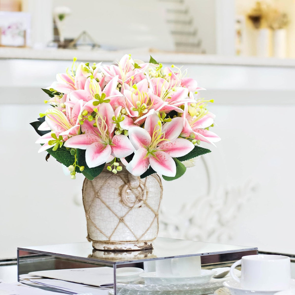 4 Bundles Artificial Tiger Lily Silk Flowers Faux Fake Lilies Plants for Wedding Bouquet Home Party Indoor Table Hotel Office Vases Floral Arrangements Outdoor Garden Decor (Pink)