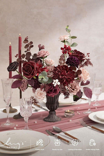 Ling's moment Fake Flowers Box, Faux Artificial Greenery Stems Foam Roses Dahlia Silk Peonies Eucalyptus Fabic Flower for Centerpieces Bouquet Wedding Vase, Dusty Rose & Burgundy, Deluxe Combo