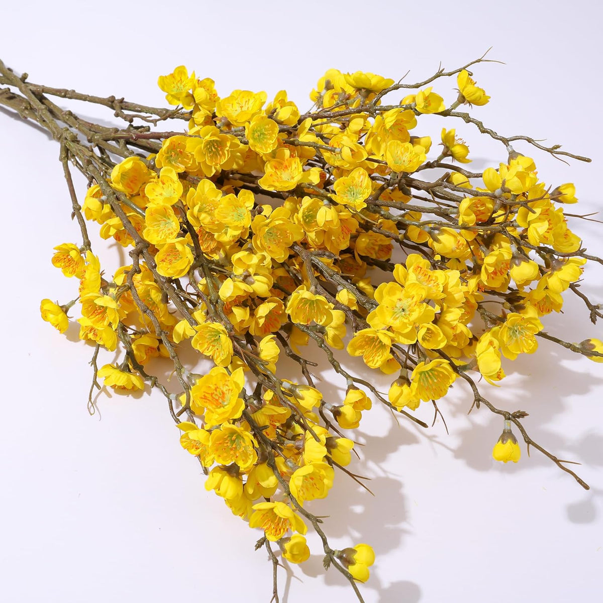 6 PCS Artificial Cherry Blossom Branches Spring Indoor Decoration, Faux Yellow Silk Flowers 34.45" Long Stems Real Touch Plum Fake Peach Plants for New Year Wedding Home Bedroom Table Office