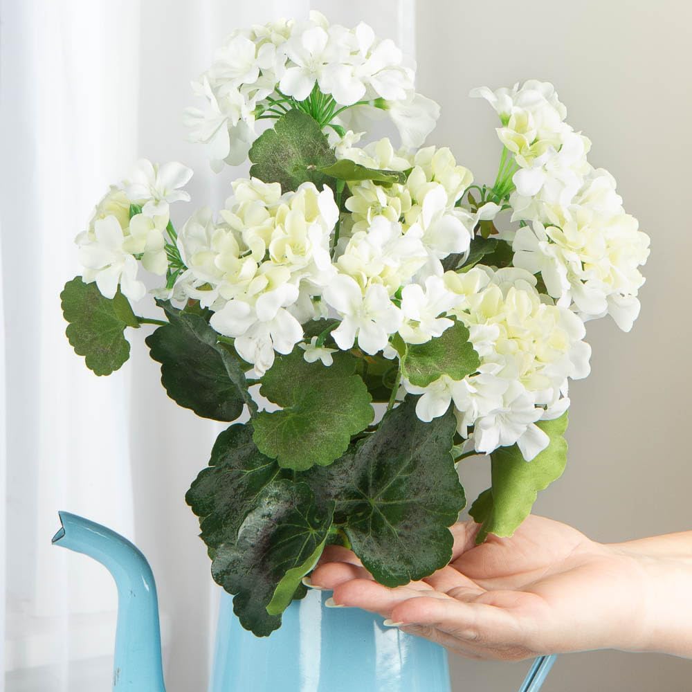 Factory Direct Craft White Silk Artificial Geranium Bush - Weather Resistant Indoor or Outdoor Summer Flower Arrangements, Floral Displays, Window Boxes, Porch Pots - Size: 18" H
