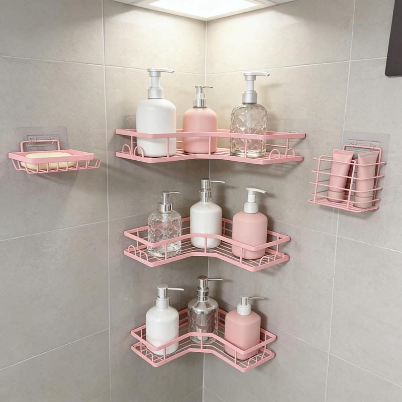 5-Pack Modern Matte Black Self-Adhesive Shower Caddy Set - No-Drill Stainless Steel Storage