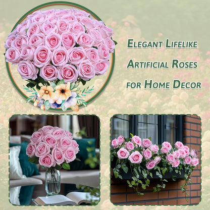 50 PCS Fake Pink Roses, Artificial Flowers Bulk Realistic Silk Faux Rose with Stems for Wedding Decoration Bridal Bouquet Birthday Celebrations DIY Floral Arrangement Home Decor